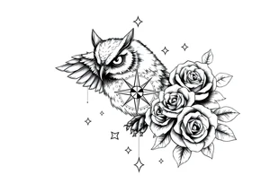 an owl,compass,roses,stars. tattoo idea