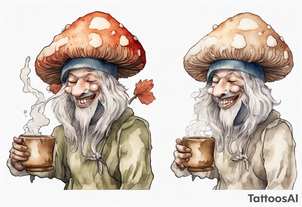 a mushroom person with a fur-covered face wearing a mushroom hat wearing a medieval tunic drinking from a wood cup, laughing tattoo idea