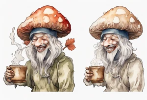 a mushroom person with a fur-covered face wearing a mushroom hat wearing a medieval tunic drinking from a wood cup, laughing tattoo idea