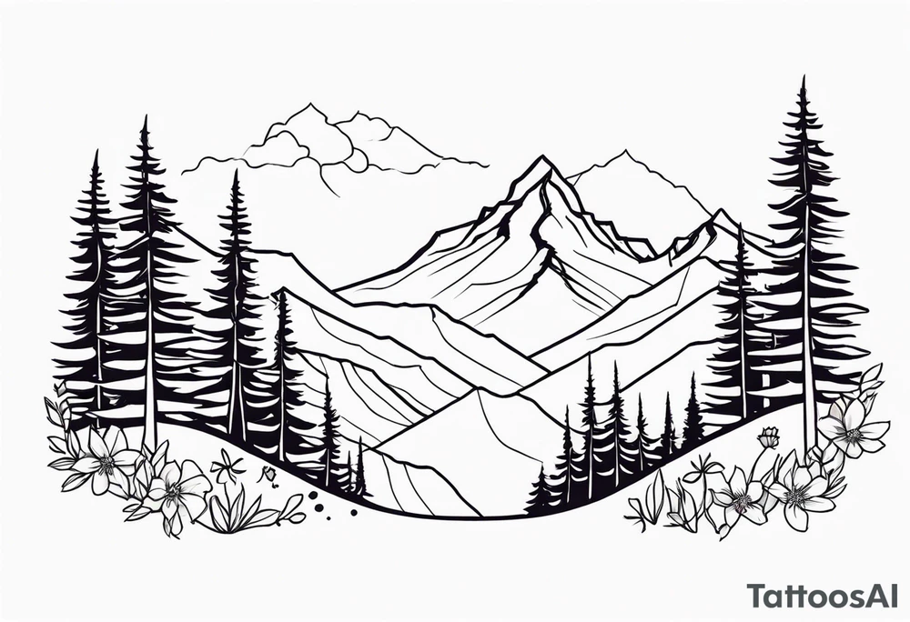 Mountains and trees with wildflowers tattoo idea