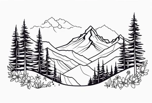 Mountains and trees with wildflowers tattoo idea