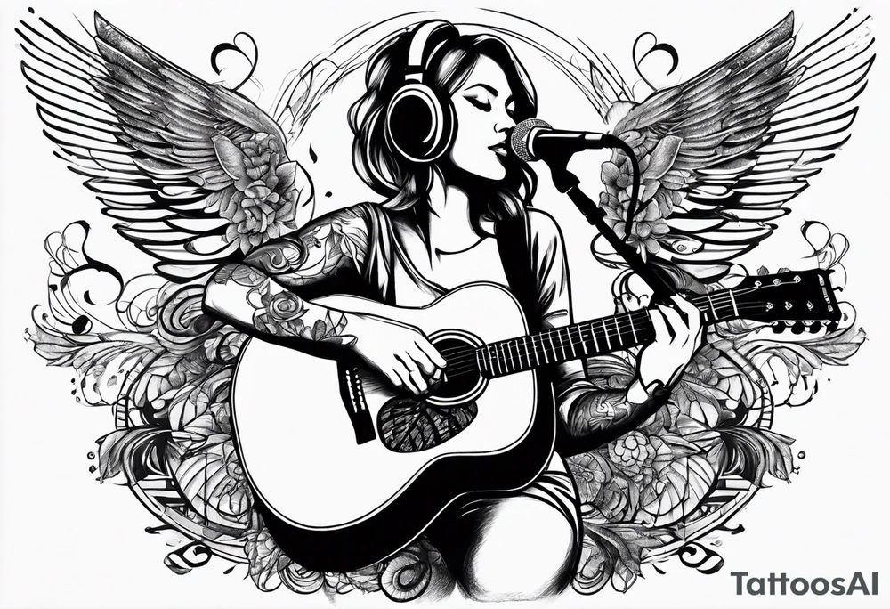 Microphone and musical notes and guitar and wings and female tattoo idea