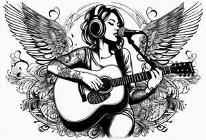 Microphone and musical notes and guitar and wings and female tattoo idea