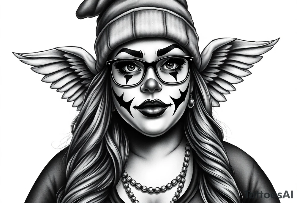 Chicana BBL fat sexy chunky plus size beautiful long hair clown makeup angel wings thug beanie eyeglasses tattoo idea