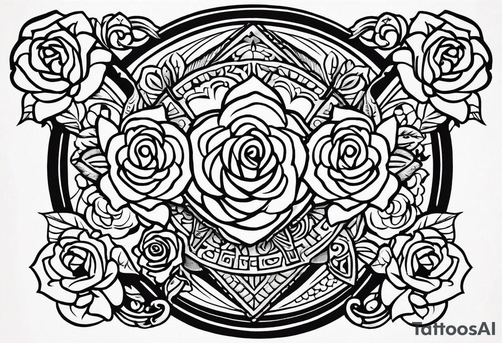 Design a masculine tattoo depicting three delicate rose buds being embraced and protected by 
Aztec weapons. The weapons should include elements such as the macuahuitl (Aztec sword-club), obsidian blades, and Mayan calander, arranged in a way that forms a protective circle or embrace around the roses. Carve the entire image as if it were a stone sculpture by an ancient Aztec artist, with the texture resembling intricately detailed stone carvings. The roses should be slightly softer but still stylized in stone, giving the entire tattoo a powerful, yet artistic and ancient feel. Use bold, sharp lines to capture the essence of Aztec craftsmanship tattoo idea