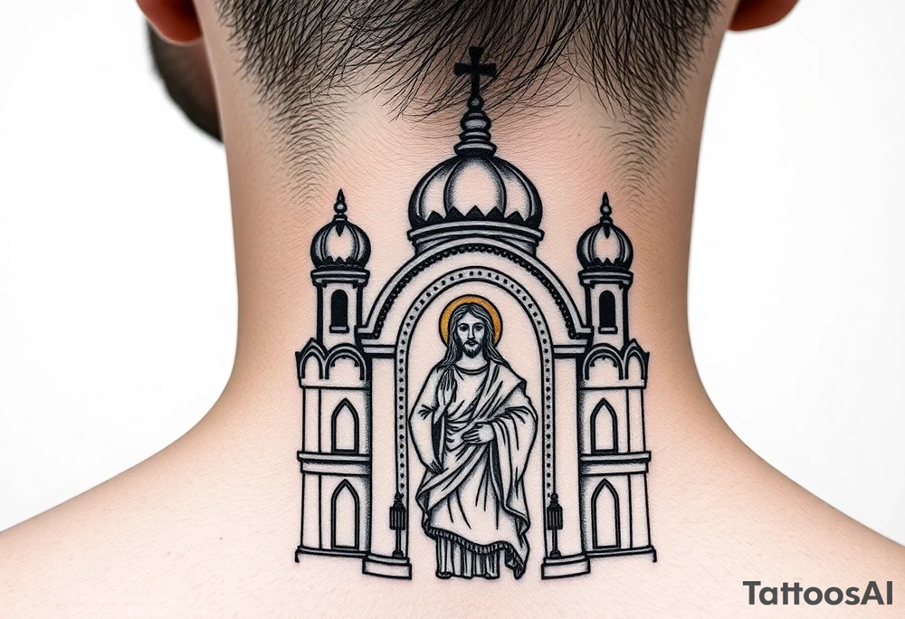 medium sized Russian orthodox church with bulb domes with a prominent russian orthodox mosaic jesus tattoo idea
