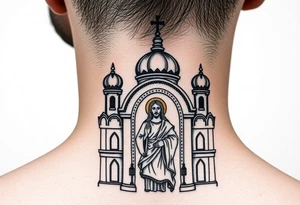 medium sized Russian orthodox church with bulb domes with a prominent russian orthodox mosaic jesus tattoo idea