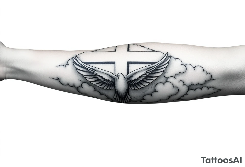 Big cross with clouds in the back everywhere  with a dove a the bottom left of the forearm with a blue circle ring it and the number 4 to the of the dove with whole tattoo covering the whole forearm and add fire and make sophisticated tattoo idea