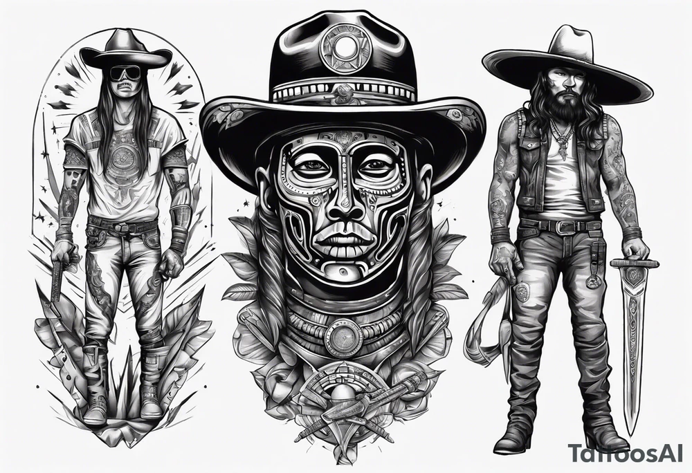 spaceman with a cowboy hat holding a aztec sword tattoo idea