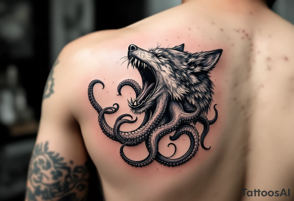 A surreal wolf octopus howling  in the arm tattoo idea