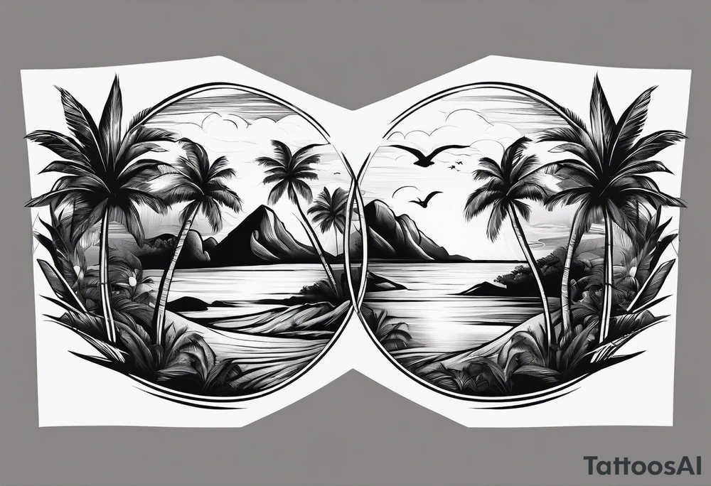 simple beach landscape on upper arm with palm trees tattoo idea