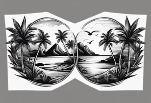 simple beach landscape on upper arm with palm trees tattoo idea