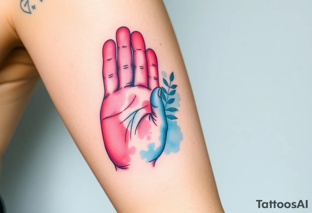 Tattoo of two hand prints, while a tiny handprint placed inside a larger one, shaded in watercolor pastels (light pink, baby blue, and soft lavender), representing growth and connection tattoo idea