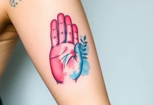 Tattoo of two hand prints, while a tiny handprint placed inside a larger one, shaded in watercolor pastels (light pink, baby blue, and soft lavender), representing growth and connection tattoo idea