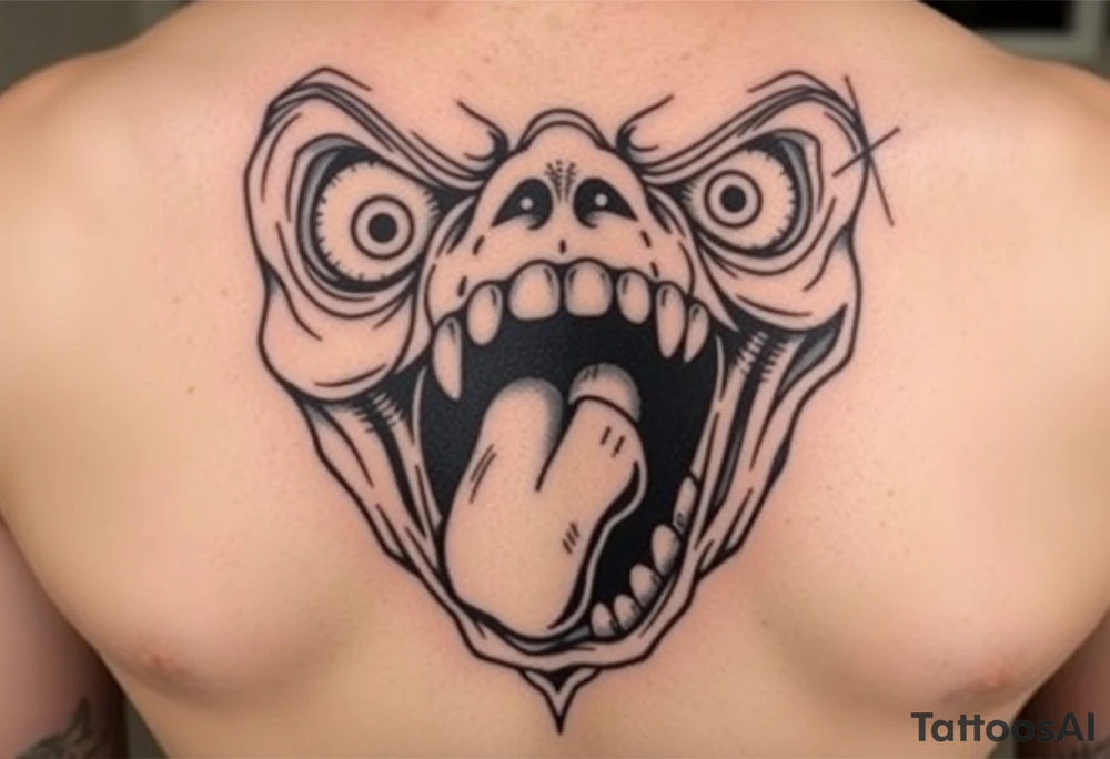 powerful faces with huge eyes and mouth with foamy mouth with a person. Climbing out of the mou6h tattoo idea