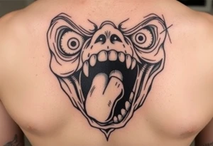 powerful faces with huge eyes and mouth with foamy mouth with a person. Climbing out of the mou6h tattoo idea