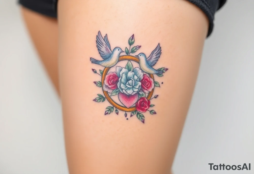 wedding ring with wedding bouquet, doves, hearts tattoo tattoo idea