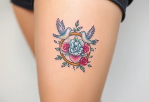 wedding ring with wedding bouquet, doves, hearts tattoo tattoo idea