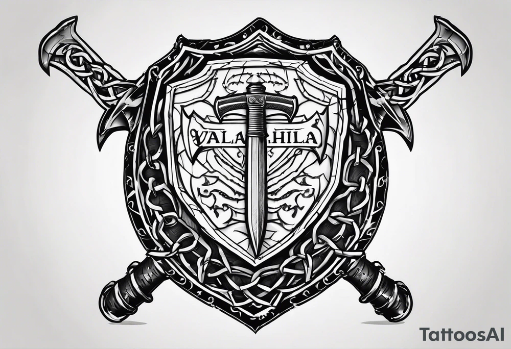 Valhalla round shield axe barbed wire chains tattoo idea