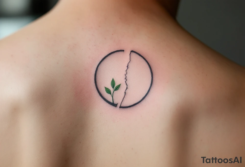 A broken circle in charcoal gray with a sprouting green leaf at the gap, symbolizing growth and renewal. tattoo idea