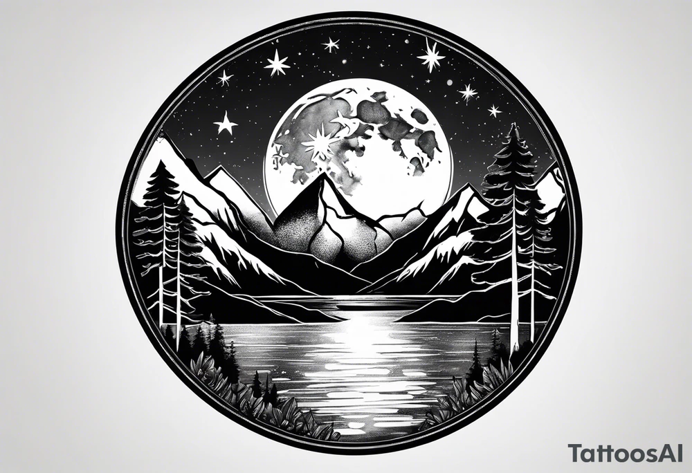 Picture of the moon, trees, lake, mountains and night sky in a circle with paint dripping tattoo idea