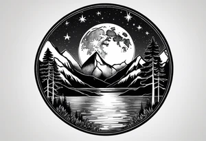 Picture of the moon, trees, lake, mountains and night sky in a circle with paint dripping tattoo idea