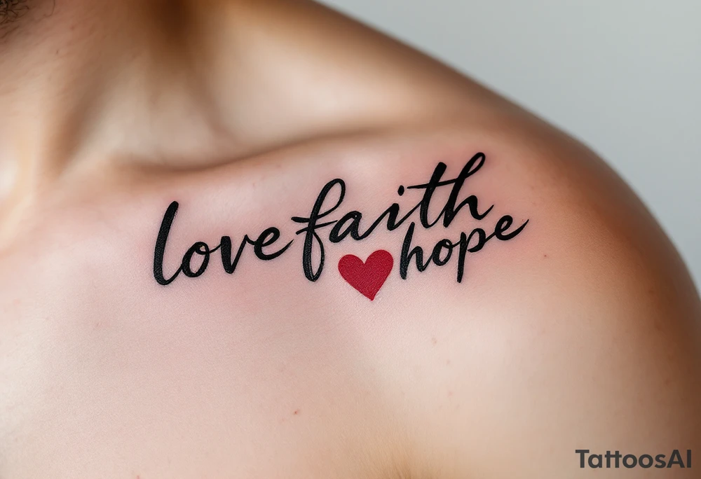 Brushstroke style tattoo in dark ink love faith hope with a crimson heart replacing the letter "o" in "love and hope". tattoo idea