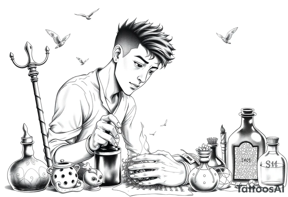 Handsome Asian young adult guy is  accidentally stumbled upon witch tools, supplies, artifacts, potions and exploring it curiously tattoo idea