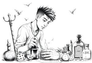 Handsome Asian young adult guy is  accidentally stumbled upon witch tools, supplies, artifacts, potions and exploring it curiously tattoo idea