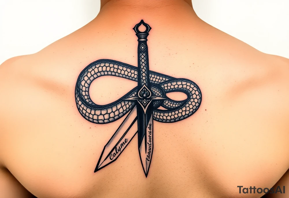 mystical snake coiled around an ancient dagger with jeweled hilt tattoo idea