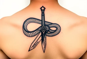 mystical snake coiled around an ancient dagger with jeweled hilt tattoo idea