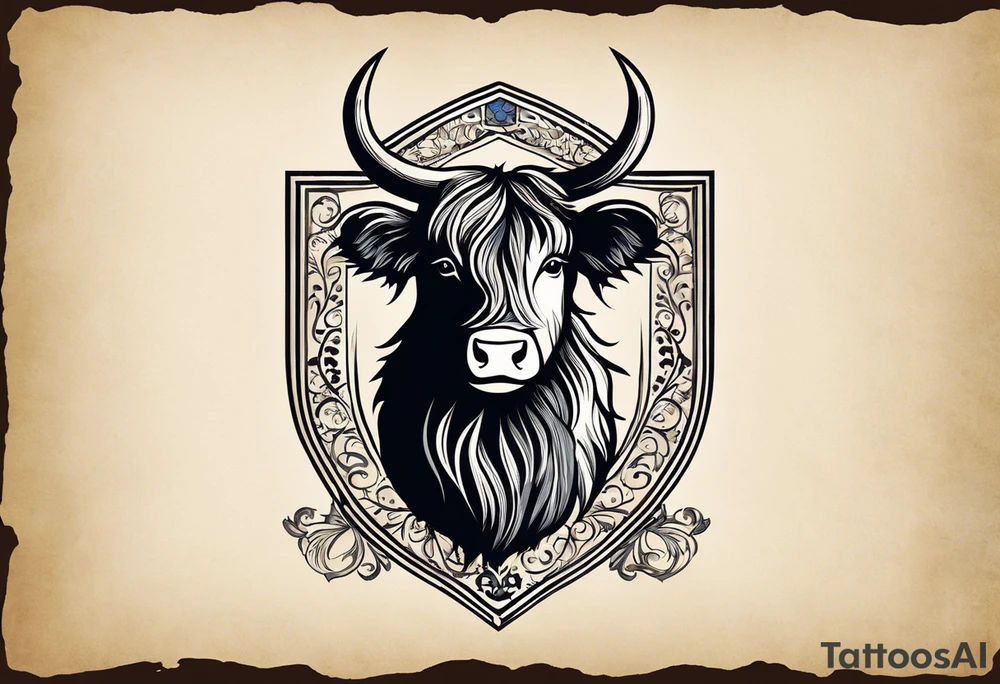I want to create a tattoo of a personal coat of arms I want to incorporate the highlands as a silhouette and the serenity prayer (highlighting Serenity, Courage, Wisdom) as a scroll at the bottom For the coat of arms, 4 points are music, highland cow, thistle/heather, and border collie head/ears silhouette. I would also like a rosary incorporated tattoo idea