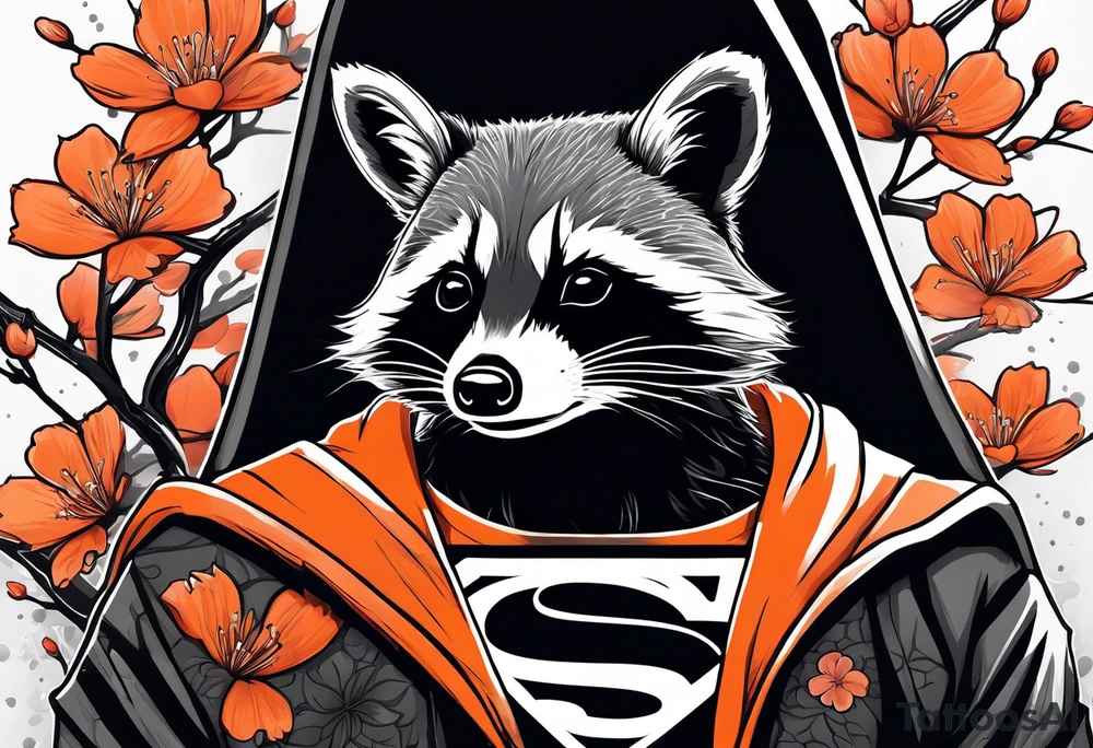 Raccoon wearing a white Superman logo on a black hoodie and orange Japanese cherry blossoms beside tattoo idea