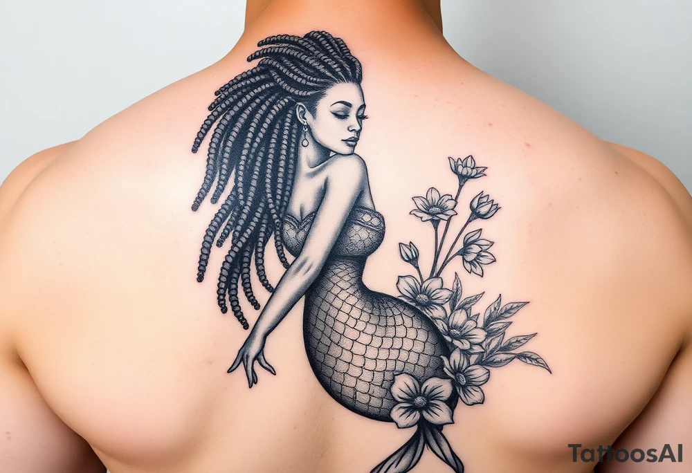 Mermaid, black woman, garden, and flowers, libra, hairstyle of loc tattoo idea