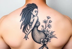 Mermaid, black woman, garden, and flowers, libra, hairstyle of loc tattoo idea