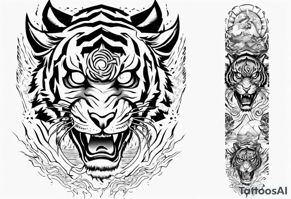 tiger warrior with lightning and the sun for a forearm sleeve tattoo idea