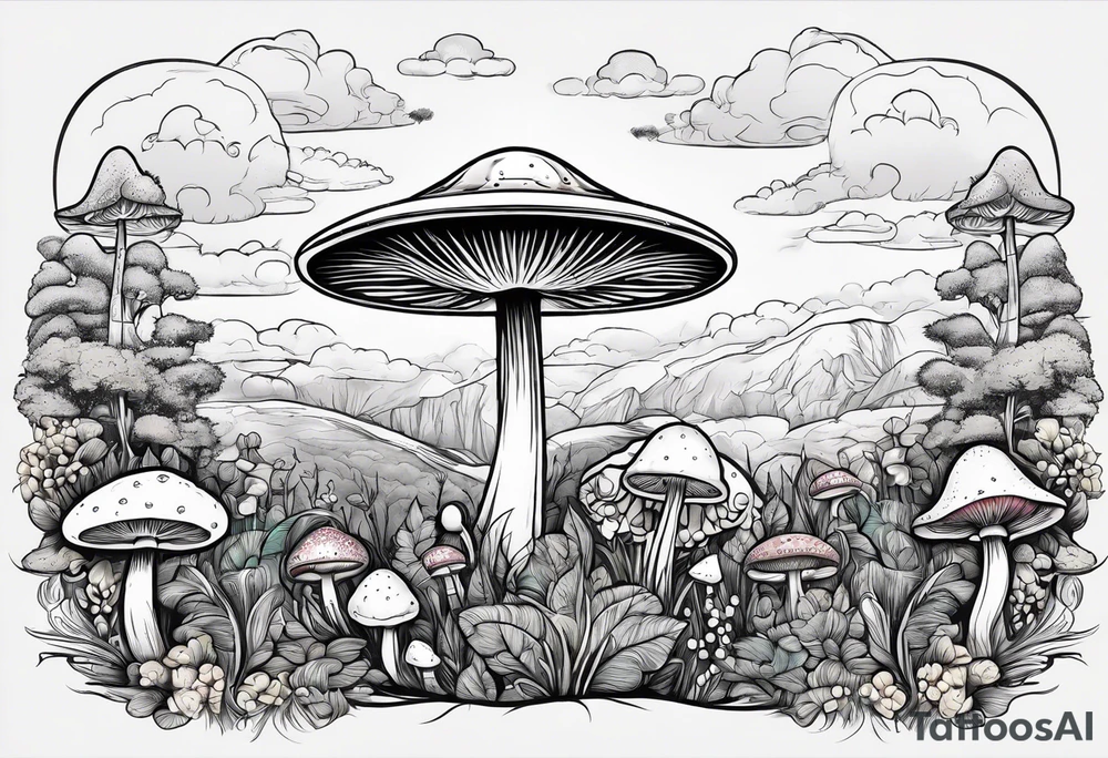 field of mushrooms with ufo in sky tattoo idea