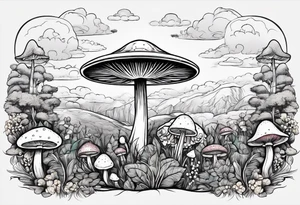 field of mushrooms with ufo in sky tattoo idea