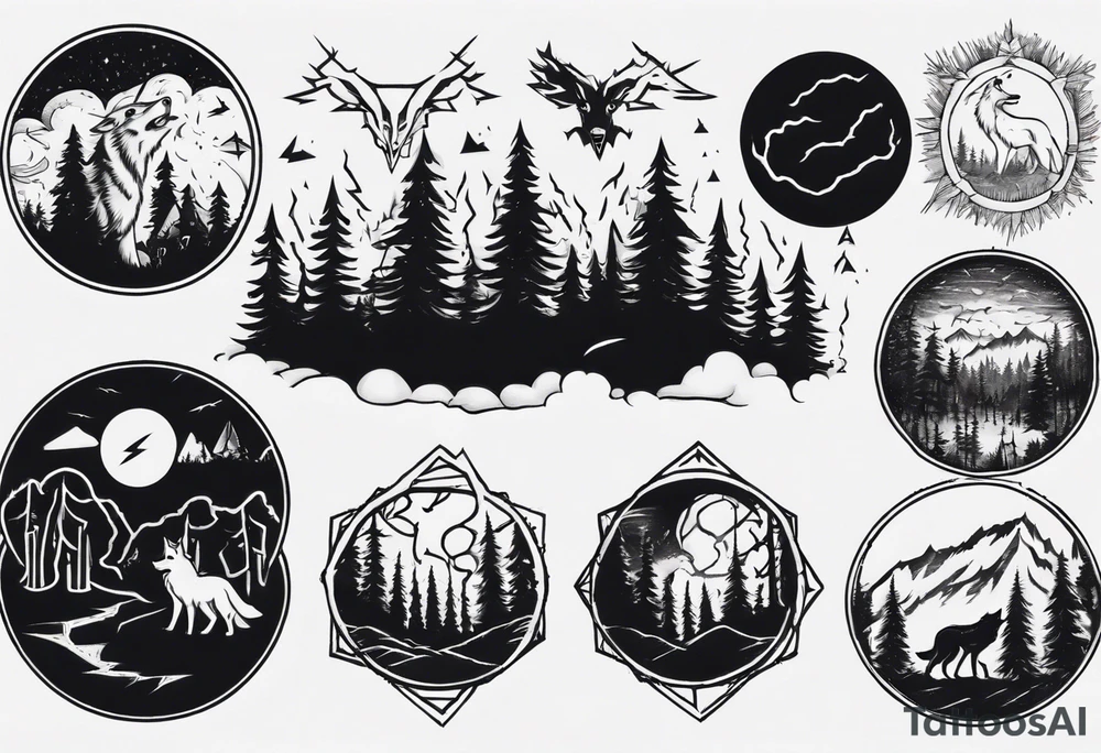 a thunder and lightning storm over a forest with a distant wolf howling and a drum circle tattoo idea