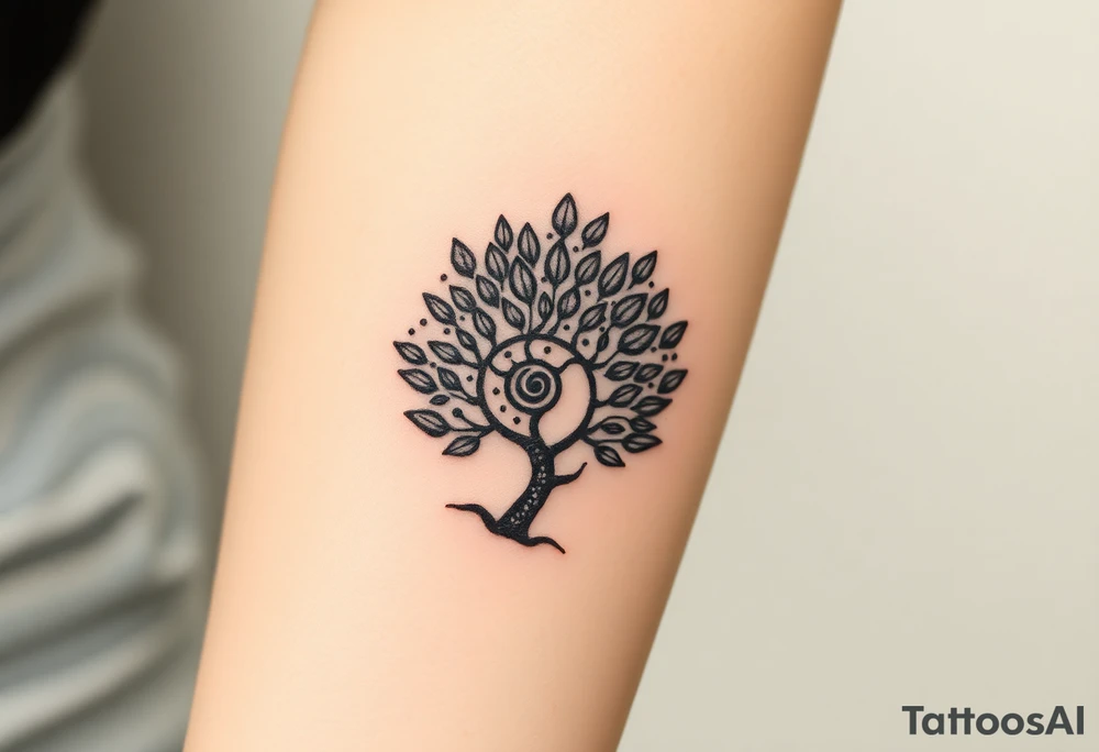 Fibonacci spiral shell on side of base of tree full of lots of leaves tattoo idea