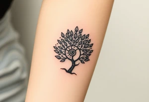 Fibonacci spiral shell on side of base of tree full of lots of leaves tattoo idea
