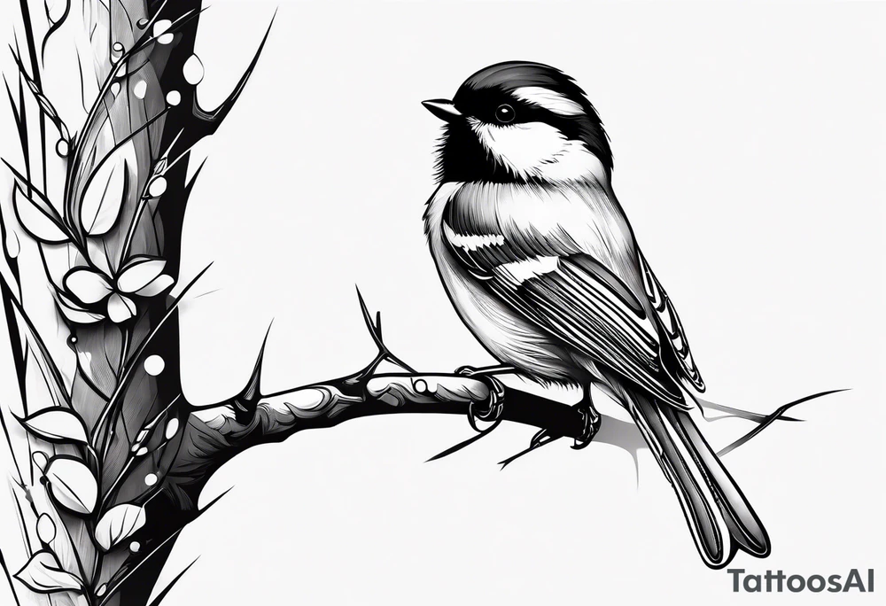 Illustrate a tattoo of a chickadee perched on a twig, focusing on clean lines and minimal detail for an understated design tattoo idea