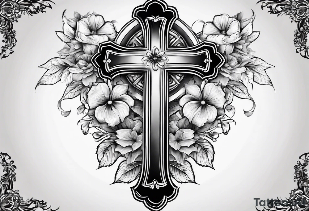 A wooden cross with 3 flowers surrounding it tattoo idea