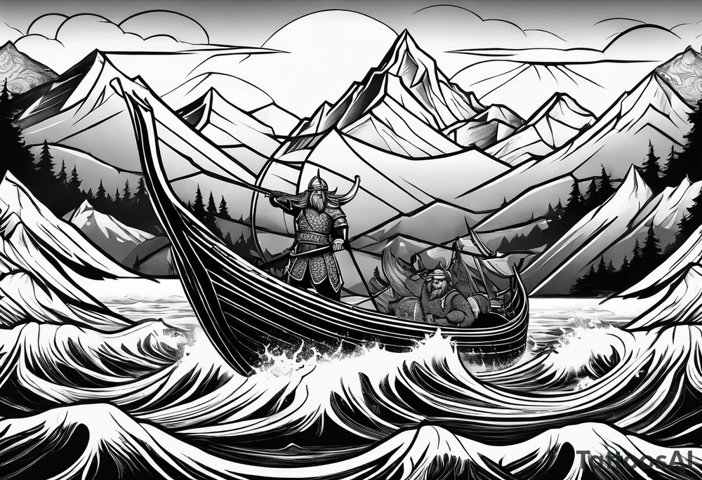 Viking in a boat flying over mountains tattoo idea
