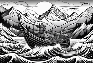 Viking in a boat flying over mountains tattoo idea