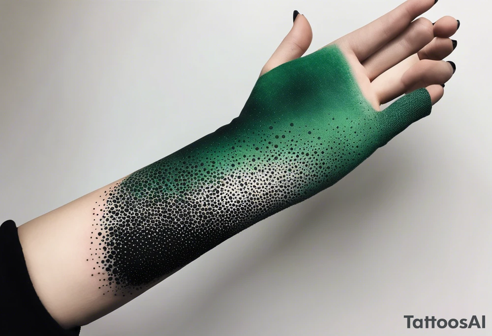 abstract, green and black, covered from wrist to forearm, fully covered, no borders, blackwork tattoo idea