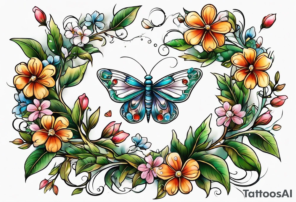 Winding branches and leaves and tiny flowers with a small moth and bubbles tattoo idea