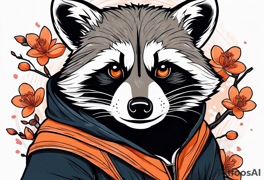 Raccoon wearing a white Superman logo on a black hoodie and orange Japanese cherry blossoms tattoo idea