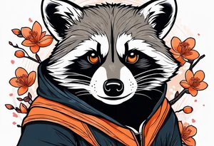 Raccoon wearing a white Superman logo on a black hoodie and orange Japanese cherry blossoms tattoo idea