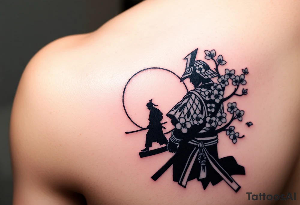noble samurai warrior silhouette at sunset with cherry blossoms tattoo idea